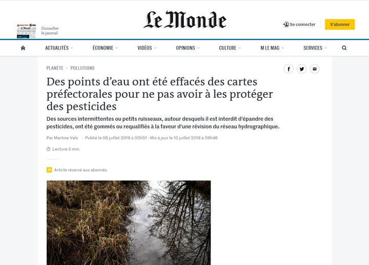 Des points d'eau ont été éffacés - article du journal Le Monde (6 juillet 2019)