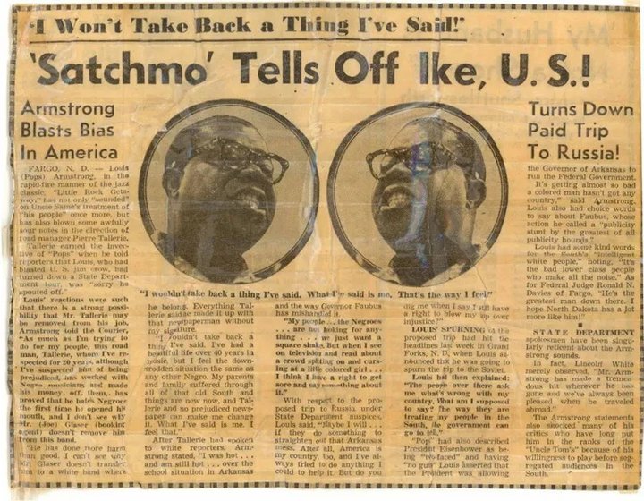 Louis Armstrong article de journal sur les "Little Rock Nine"