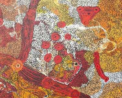 Sylvia Kanytjupai Ken. Titre : Seven Sister Dreaming Time stories. Format : 198 x 152,5 cm. © Photo : Aboriginal Signature Estrangin gallery with the courtesy of the artist and Tjala Arts (APY land).